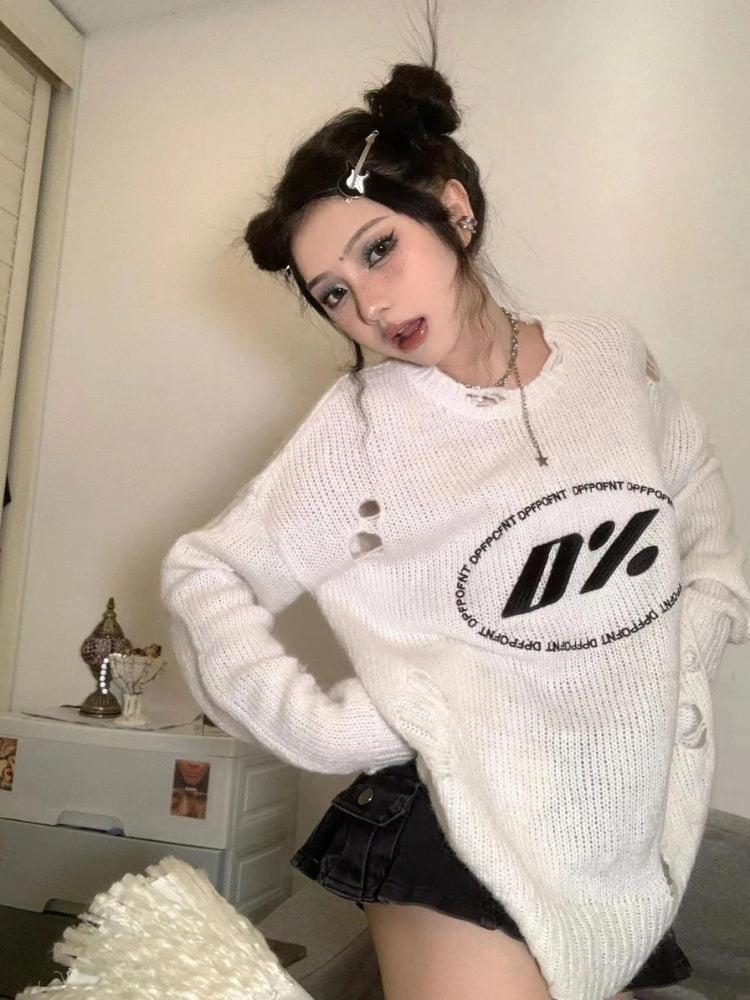 Y2K Grunge Distressed Knitted Sweater - Litlookz Studio