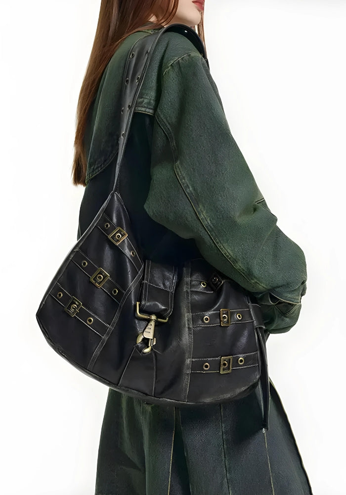 バッグ Belted Washed Leather Bag black y2k Y2K Grunge Faux Leather Belted Bag - Litlookz Studio