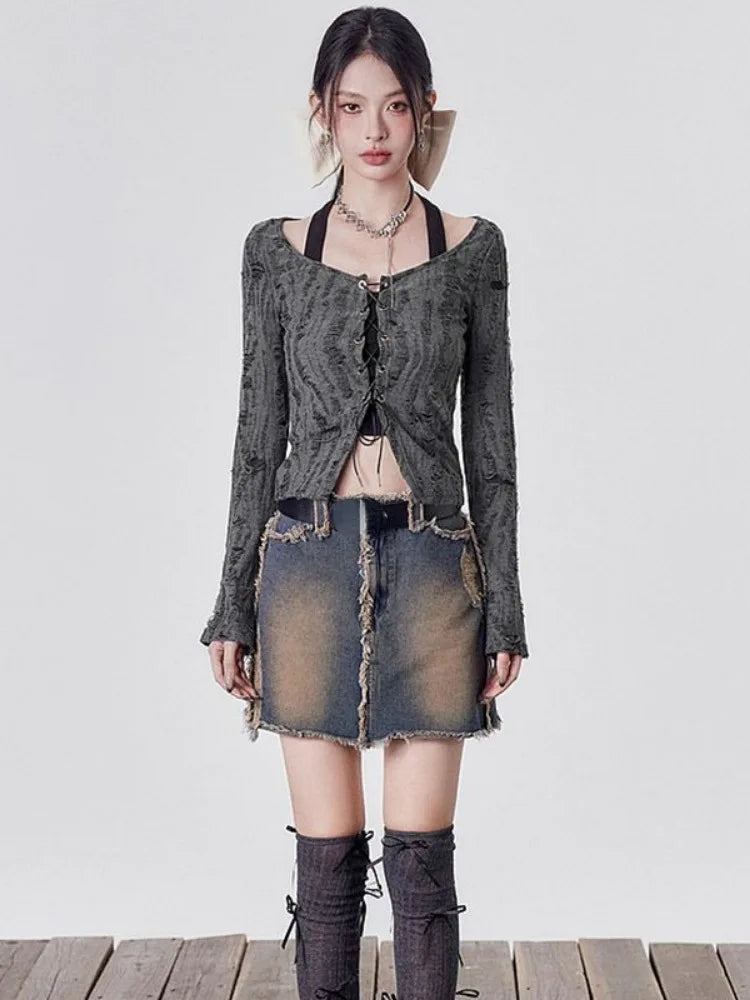Y2K Grunge Lace Up Layered Top - Litlookz Studio