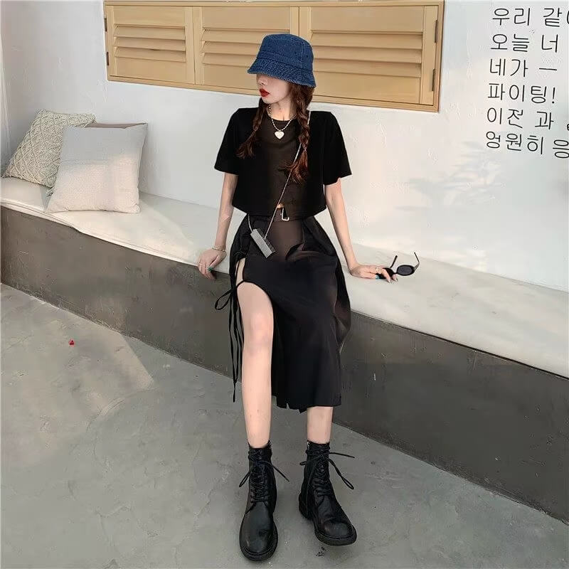 Y2K Grunge Lace Up Midi Skirt - Litlookz Studio