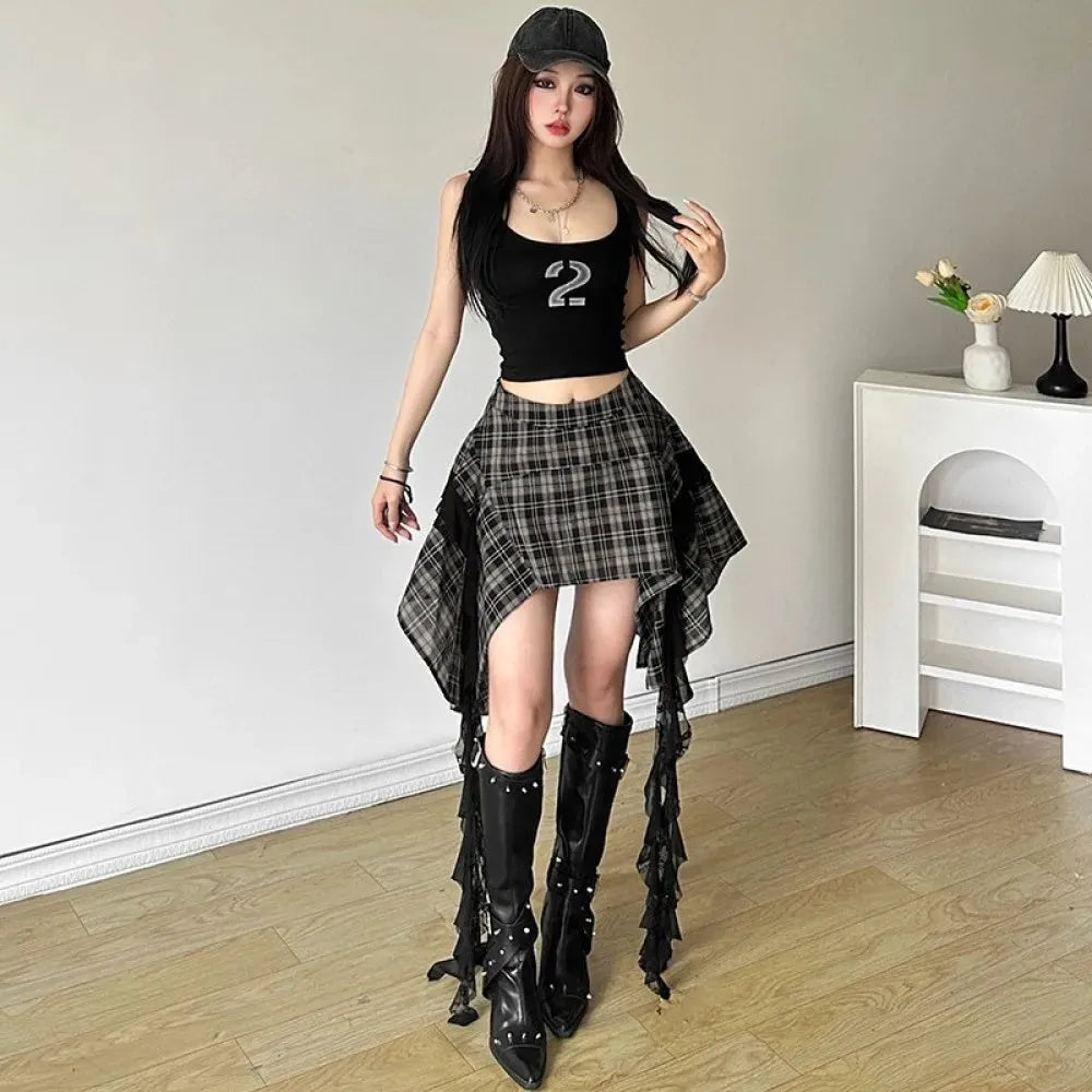 Y2K Grunge Plaid Asymmetric Mini Skirt - Litlookz Studio