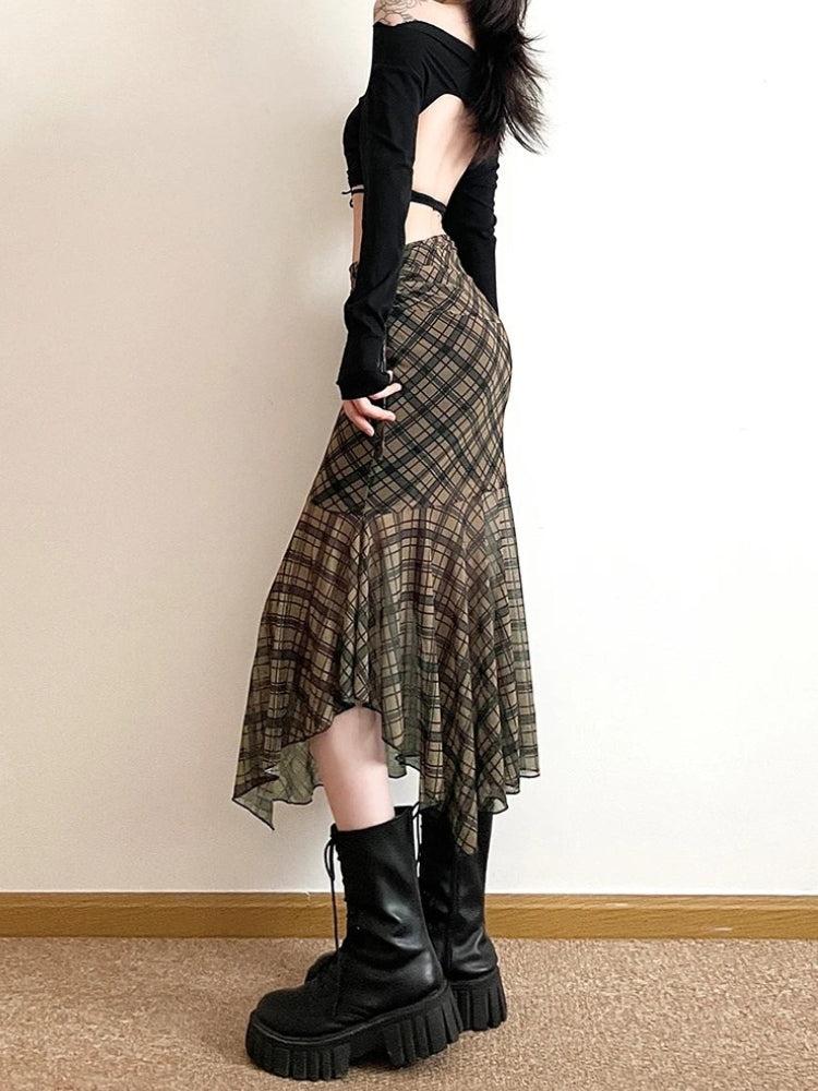 Y2K Grunge Plaid Mesh Midi Skirt - Litlookz Studio Y2K Grunge Plaid Mesh Midi Skirt - Litlookz Studio