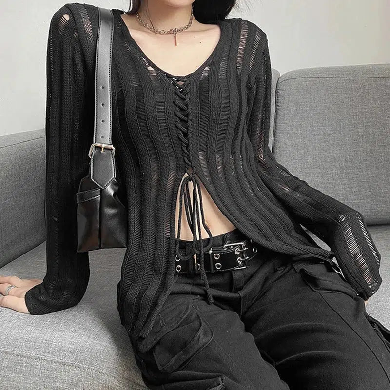Y2K Grunge Sheer Lace Up Knitted Top - Litlookz Studio