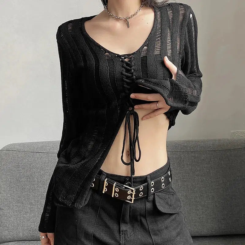 Y2K Grunge Sheer Lace Up Knitted Top