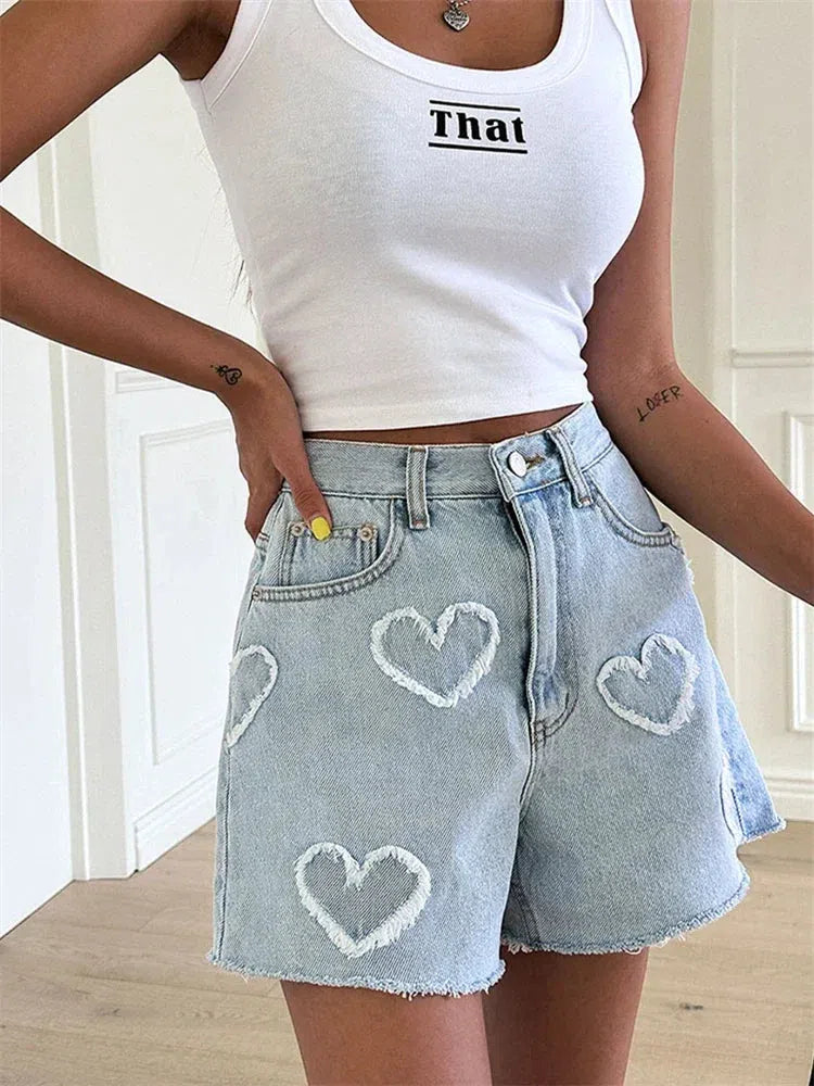 Y2K Heart Patch Denim Shorts