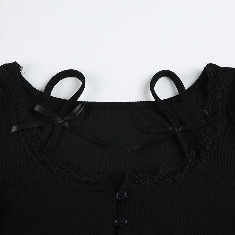 Y2K Lace Trim Button Top