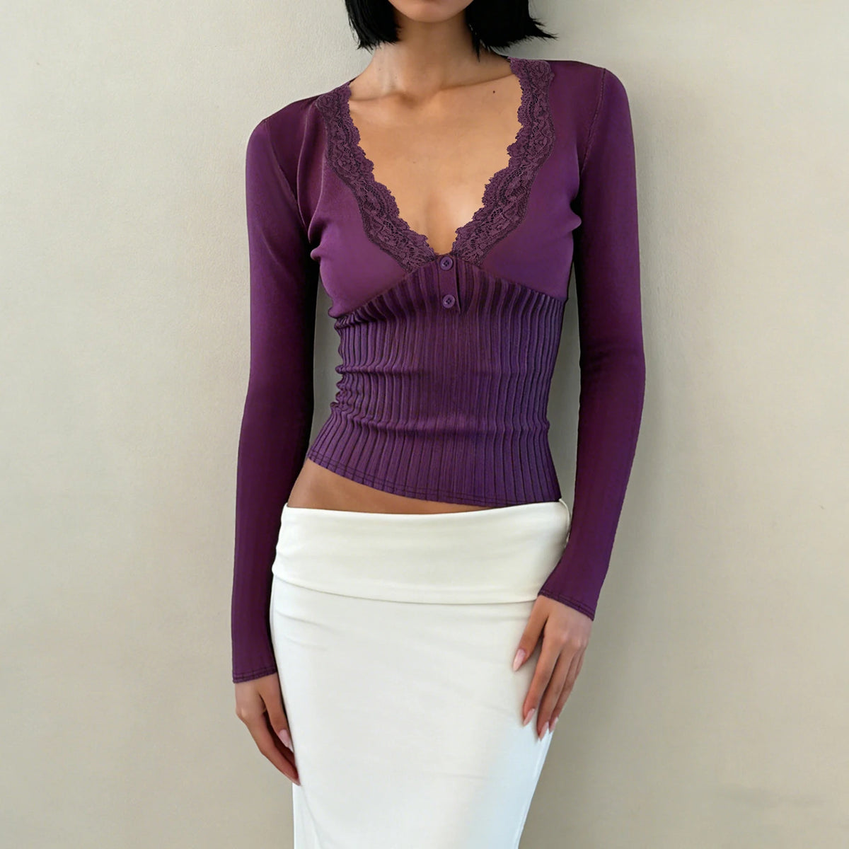 Y2K Lace Trim Henley Top