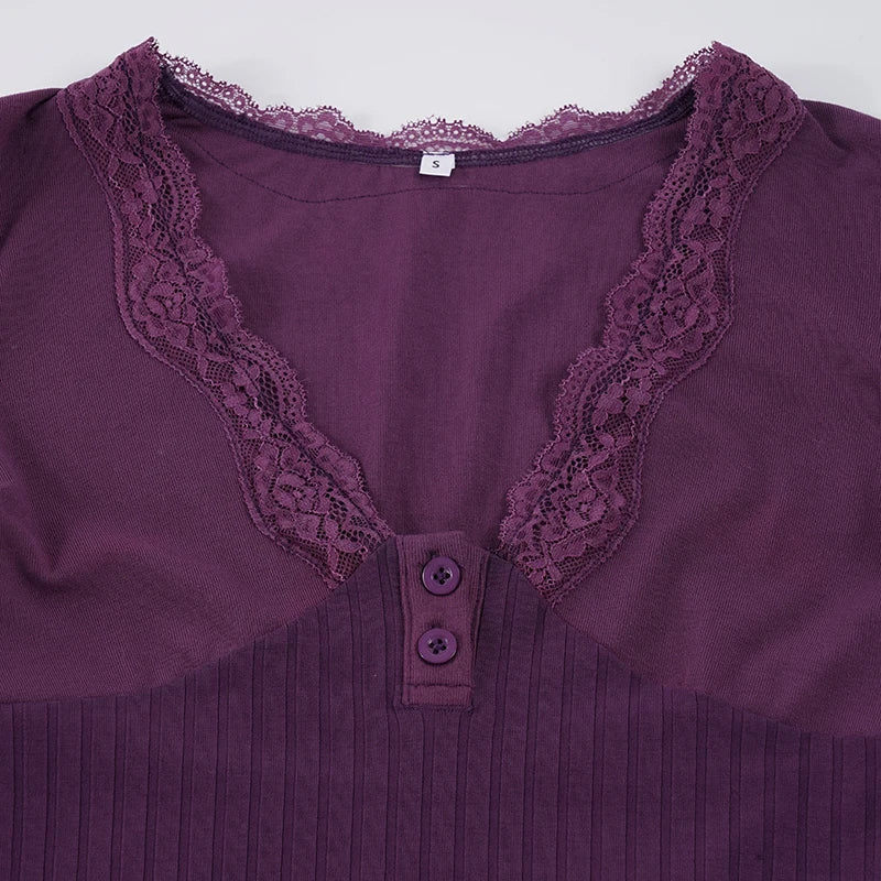 Y2K Lace Trim Henley Top