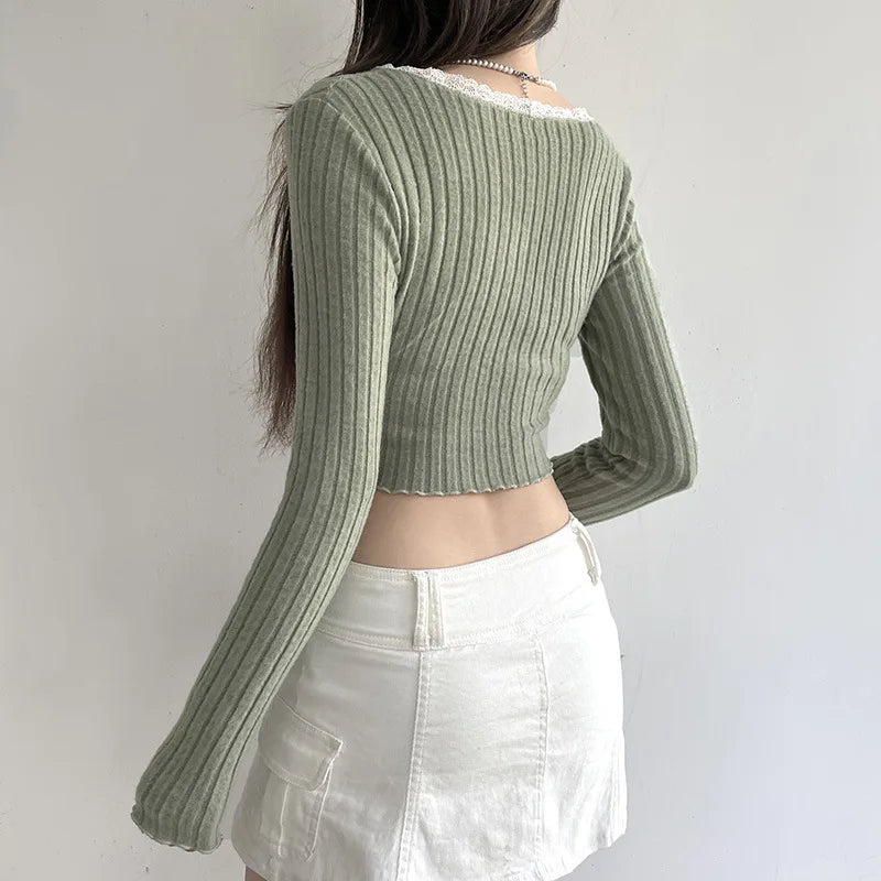 Y2K Lace Trim Slit Plush Top