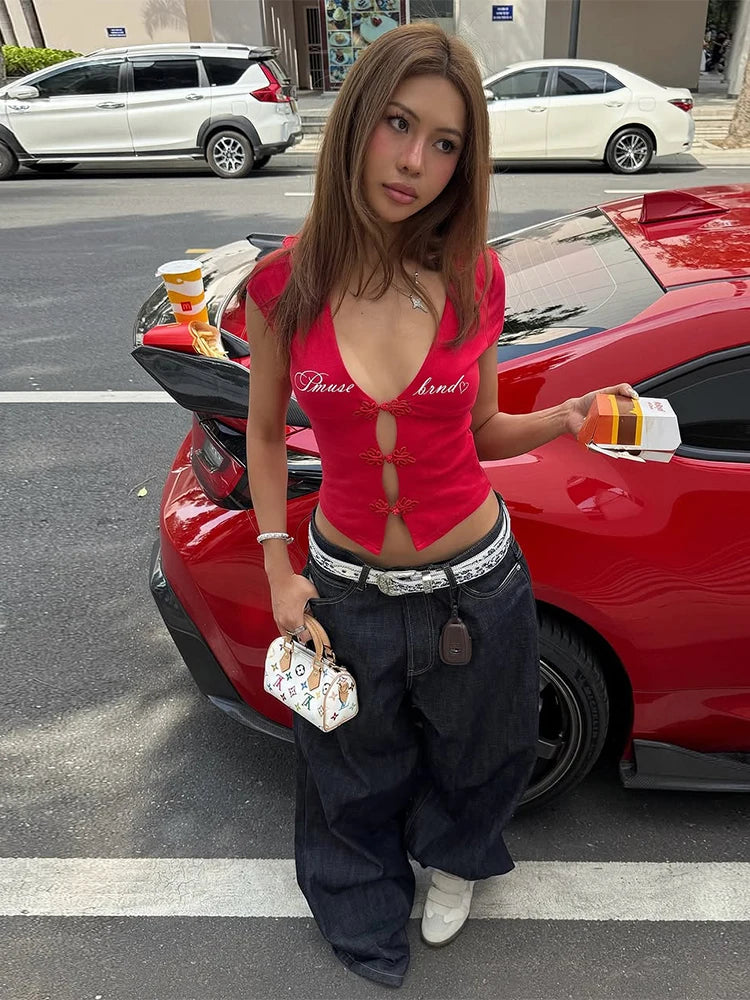 Y2K Lace-Up Cut-Out Crop Top