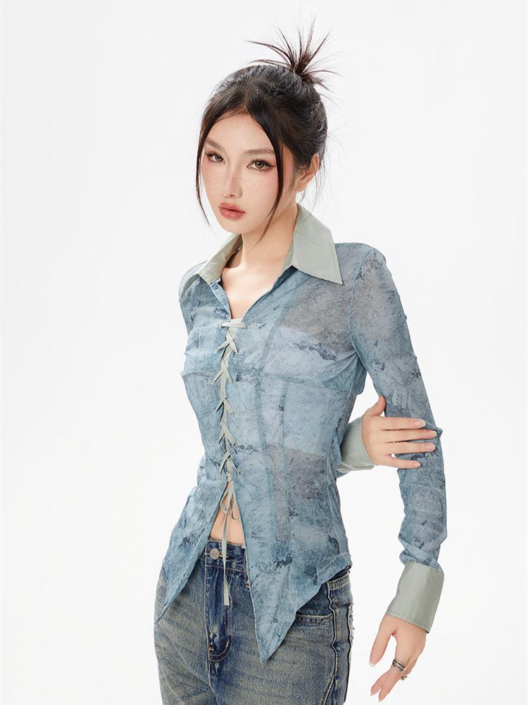 Y2K Lace Up Sheer Shirt - Litlookz Studio