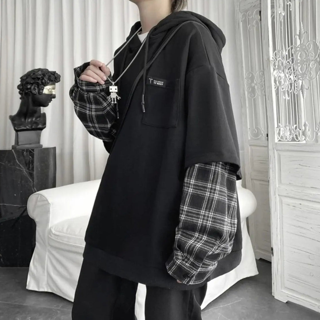 Y2K Layered Plaid Sleeve Hoodie