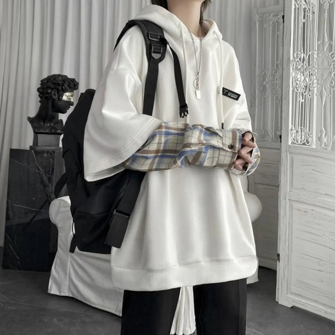 Y2K Layered Plaid Sleeve Hoodie