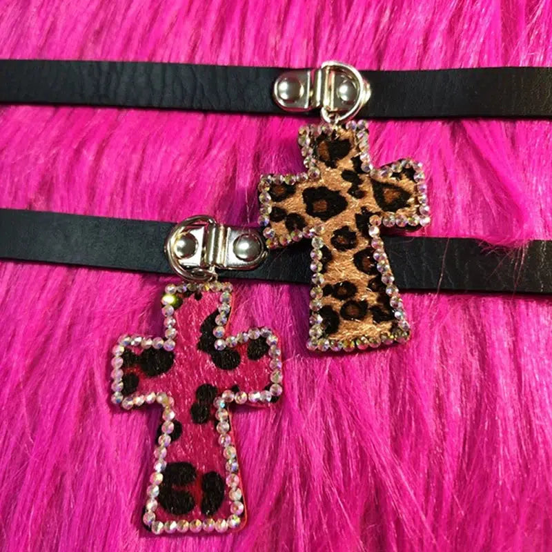Y2K Leopard Cross Choker Necklace