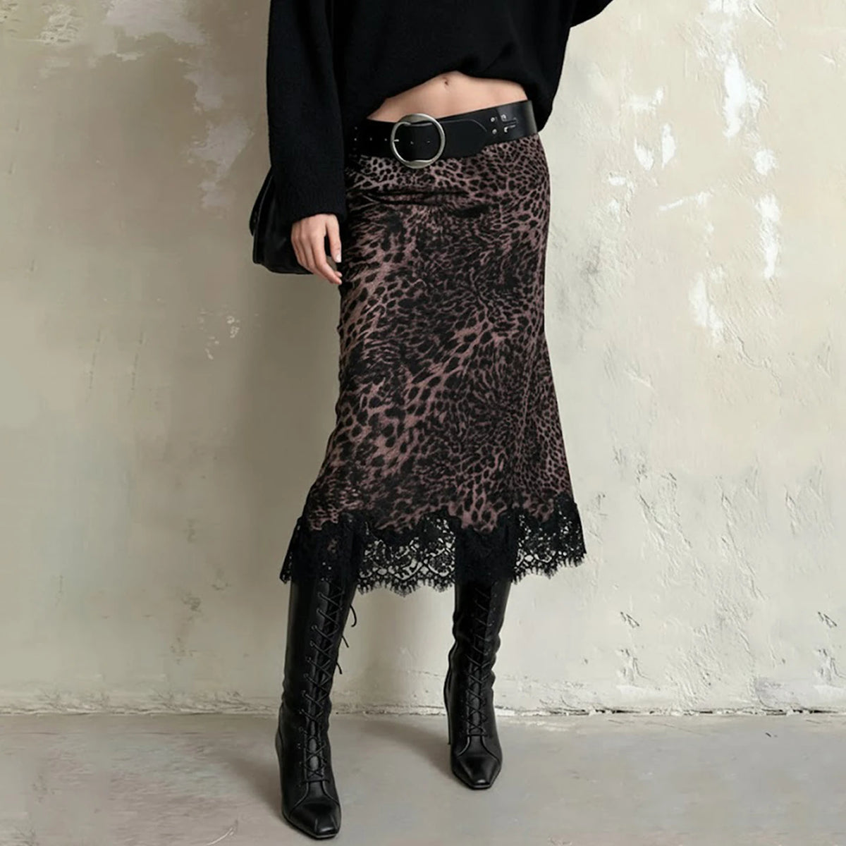 Y2K Leopard Lace Hem Midi Skirt