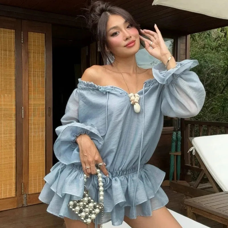 y2k off shoulder dress Y2K Off Shoulder Ruffled Mini Dress