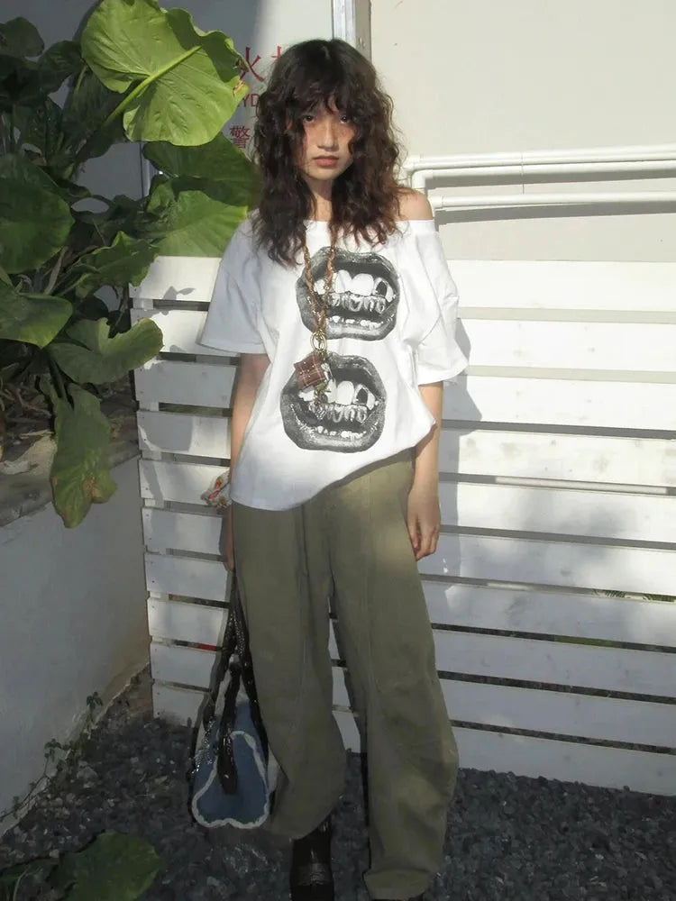 Y2K One Shoulder Lips Tee - Litlookz Studio