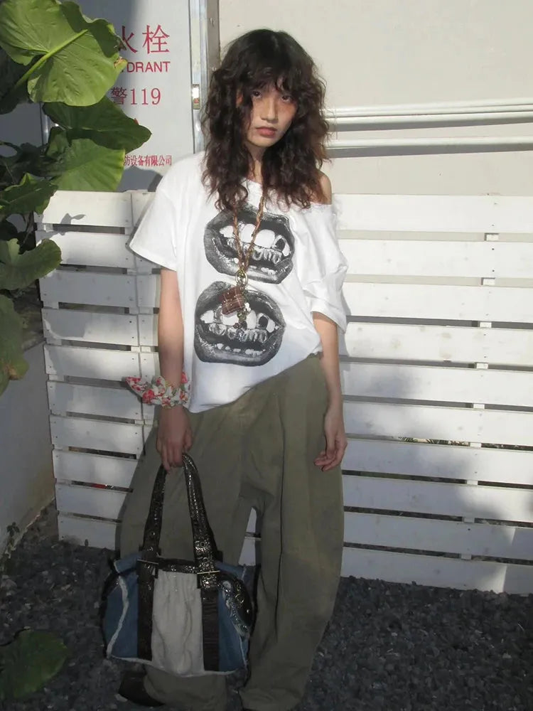 Y2K One Shoulder Lips Tee - Litlookz Studio
