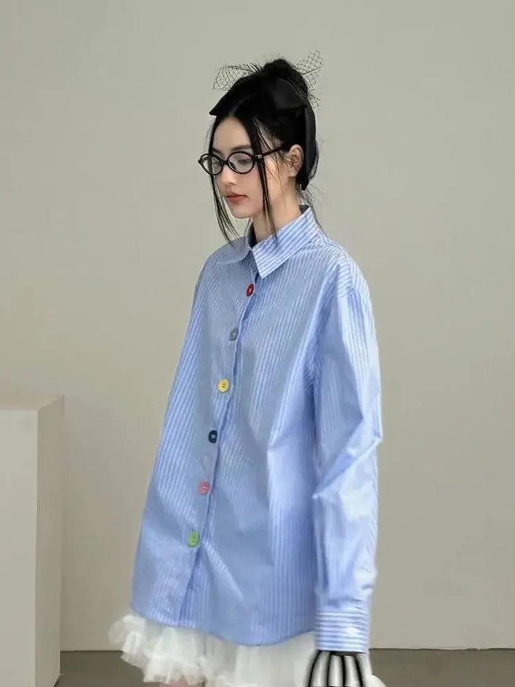Y2K Oversized Stripe Button-Up Shirt - Litlookz Studio