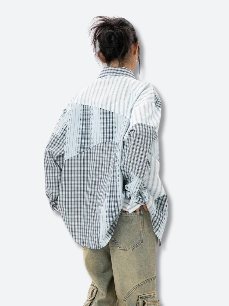 Y2K Patchwork Striped & Plaid Shirt