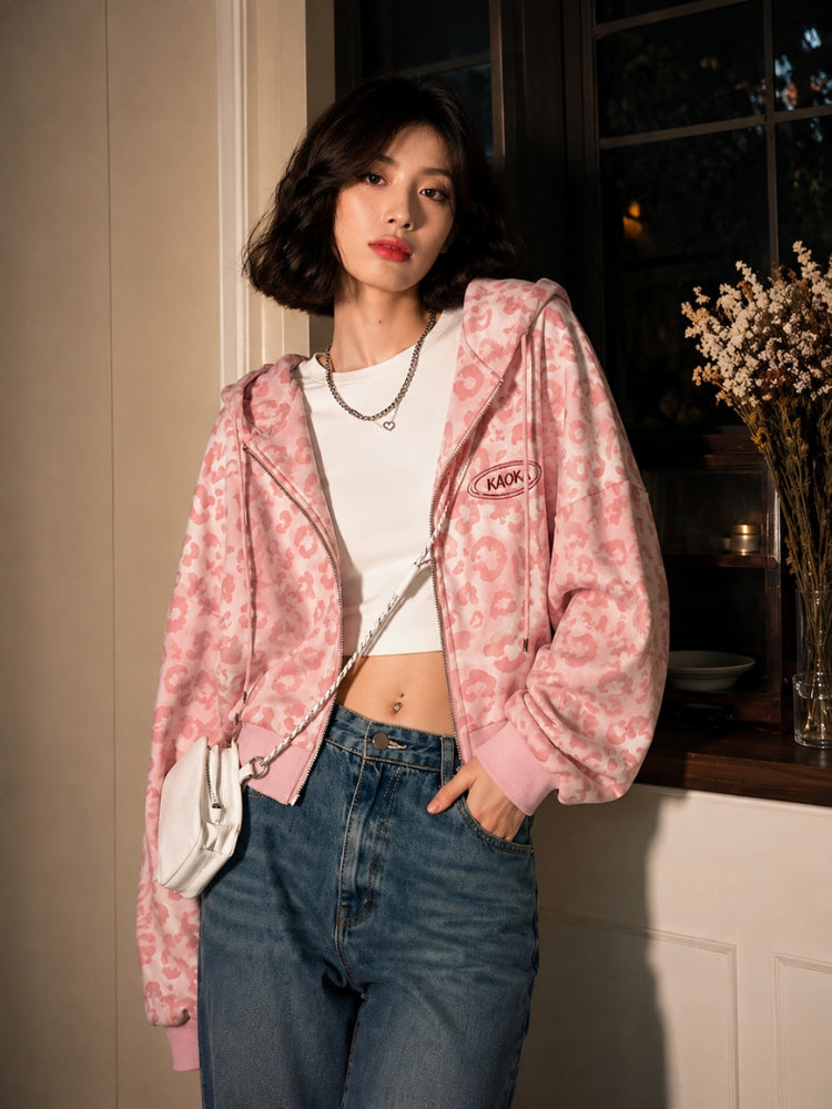tii フルジップパーカー　ピンク　nerd y2k Y2K Pink Leopard Zip Hoodie - Litlookz Studio