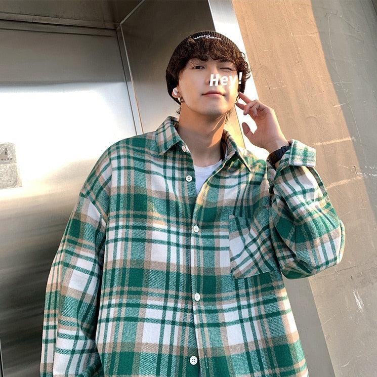 Y2K Plaid Flannel Men Shirt