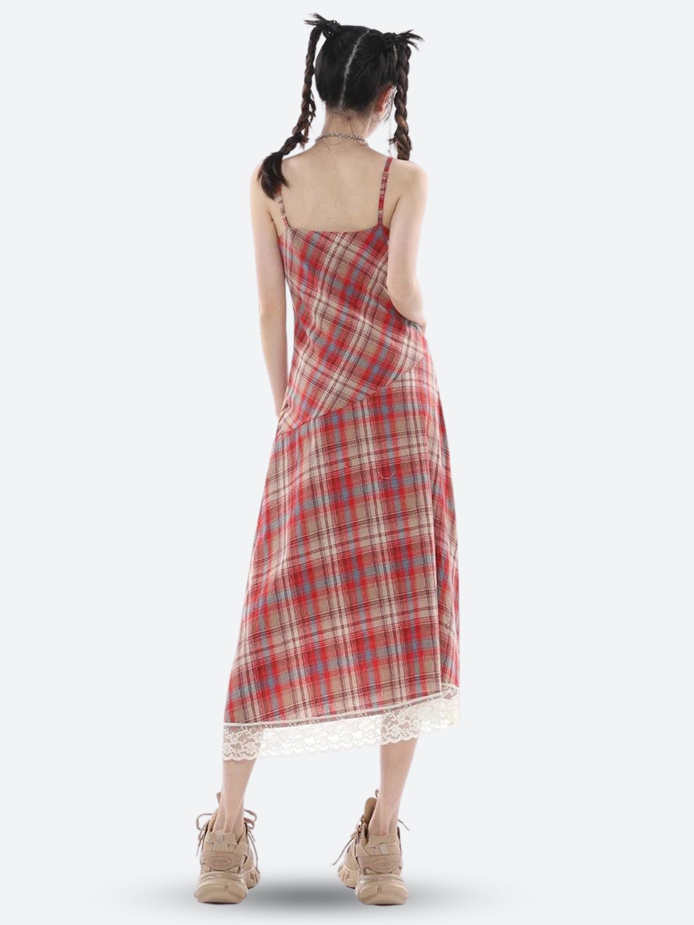 Y2K Plaid Lace Midi Dress