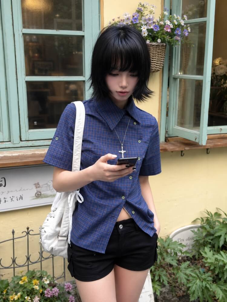 Y2K Plaid Short Sleeve Shirt