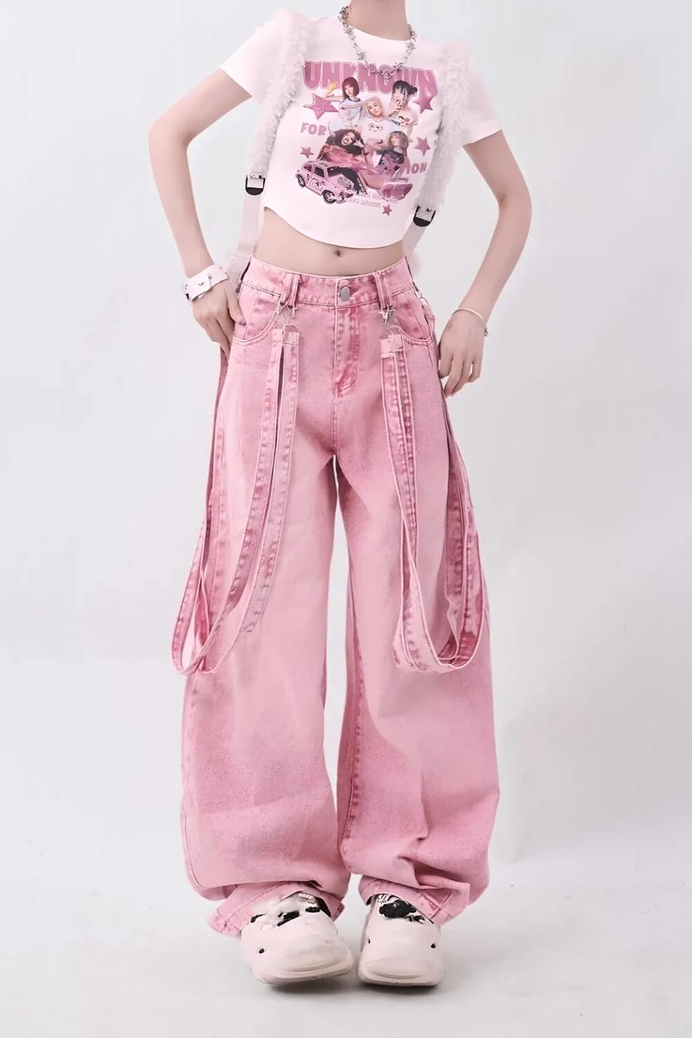 Y2K Soft Girl Double Belted Baggy Jeans - Pink / S