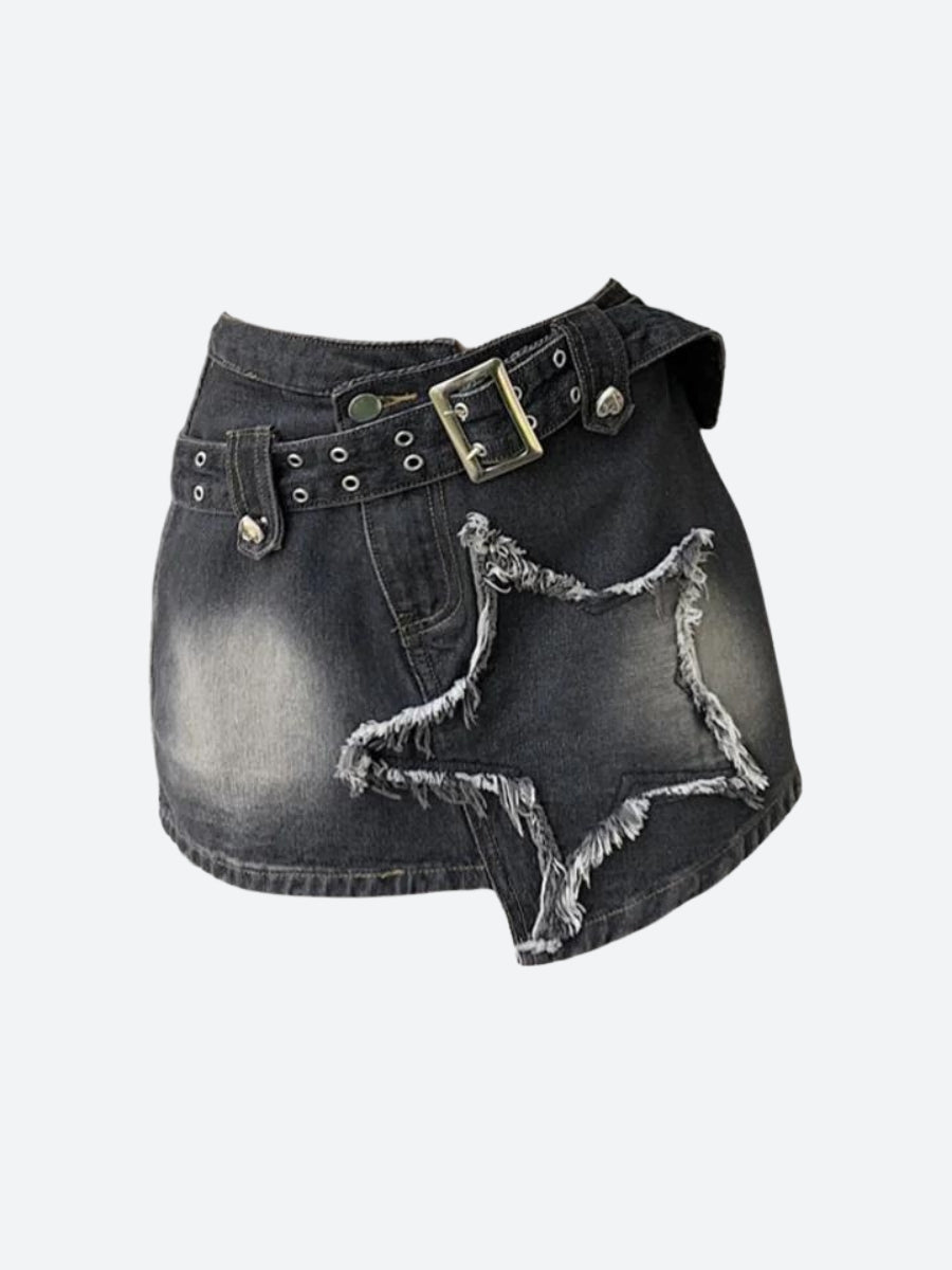 Y2K Star Asymmetric Denim Mini Skirt - Litlookz Studio
