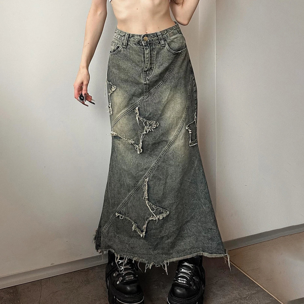 Y2K Star Denim Maxi Skirt