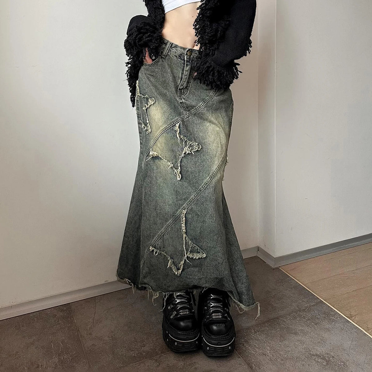 Y2K Star Denim Maxi Skirt