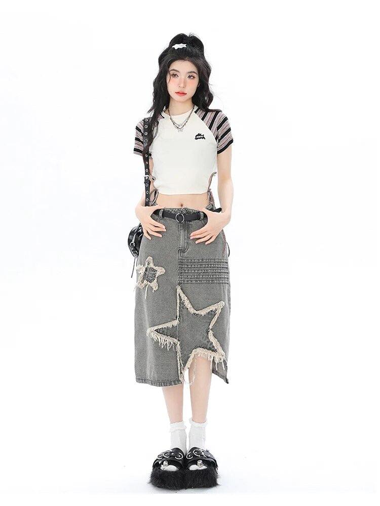 Y2K Star Patchwork Midi Skirt - Litlookz Studio