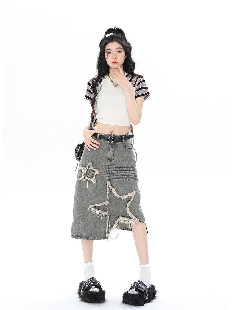 Y2K Star Patchwork Midi Skirt