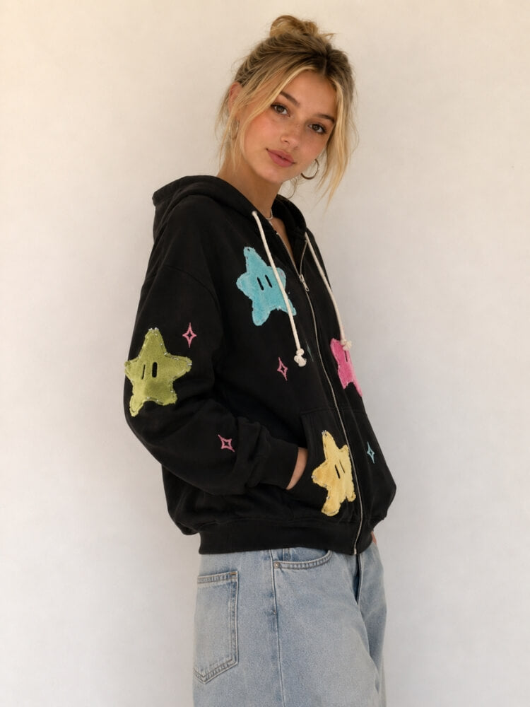 トップス Y2K - Star design tight zip up hoodie Y2K Star Zip Oversized Hoodie - Litlookz Studio