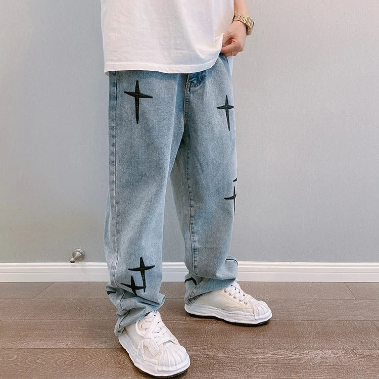 Y2K Straight Leg Cross Print Jeans - Litlookz Studio