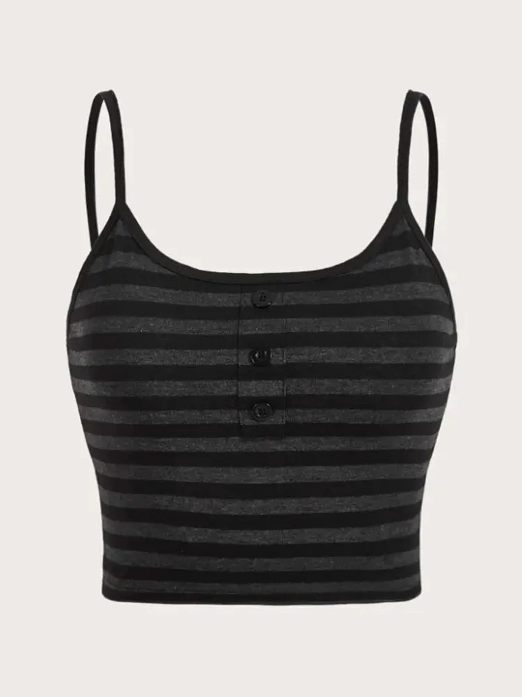 a black Y2K striped button crop top with spaghetti straps and fitted silhouette