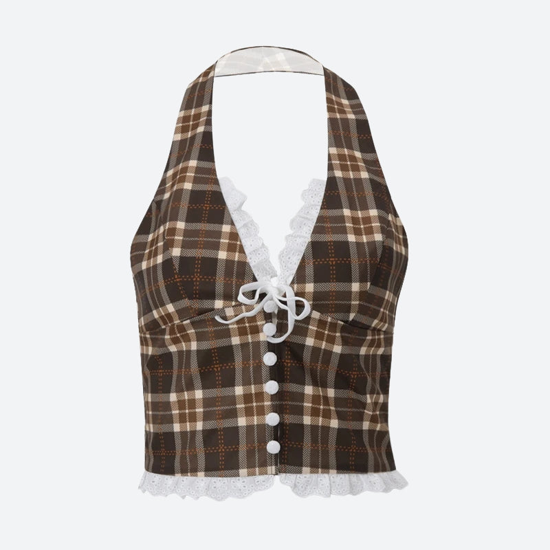 Y2K Vintage Plaid Halter Top - Litlookz Studio