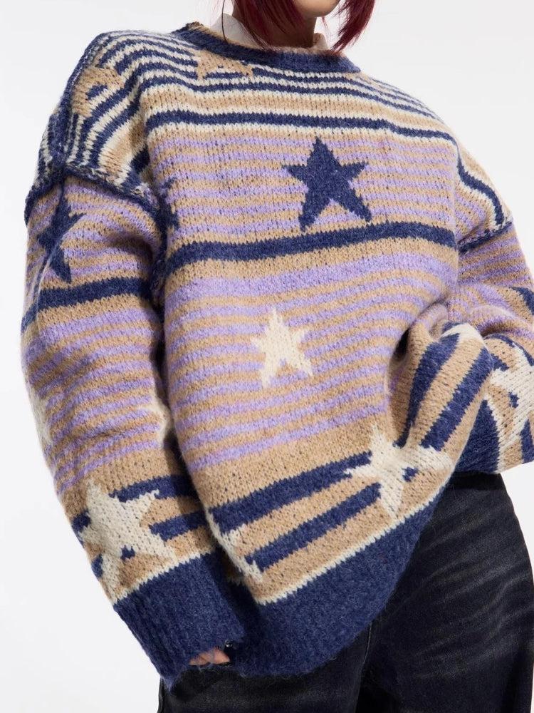 Y2K Vintage Stars Striped Knitted Sweater