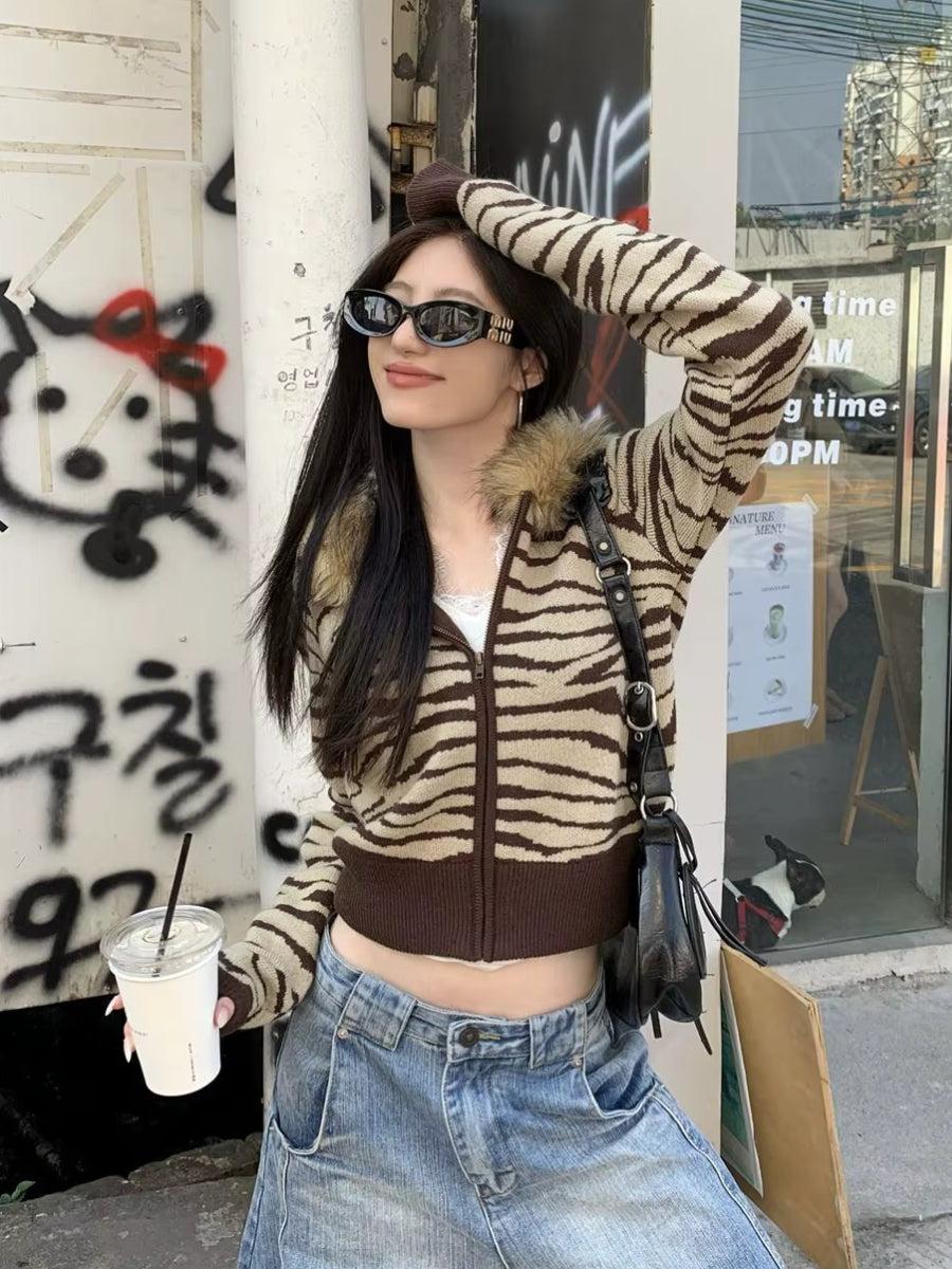 Y2K Zebra Hooded Cardigan - Litlookz Studio