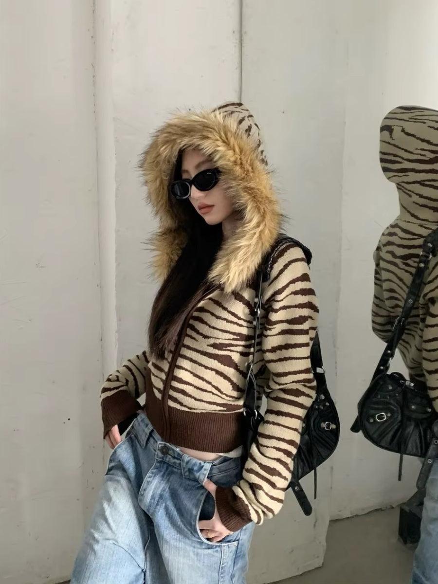 Y2K Zebra Hooded Cardigan - Litlookz Studio