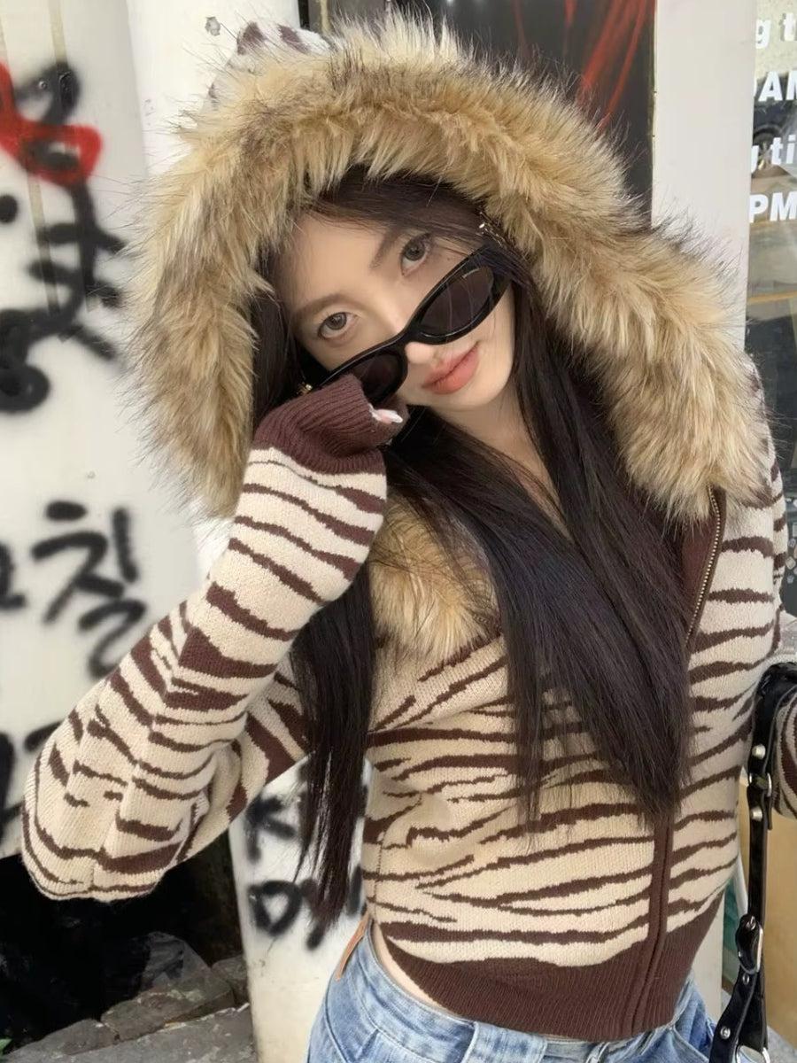 Y2K Zebra Hooded Cardigan - Litlookz Studio